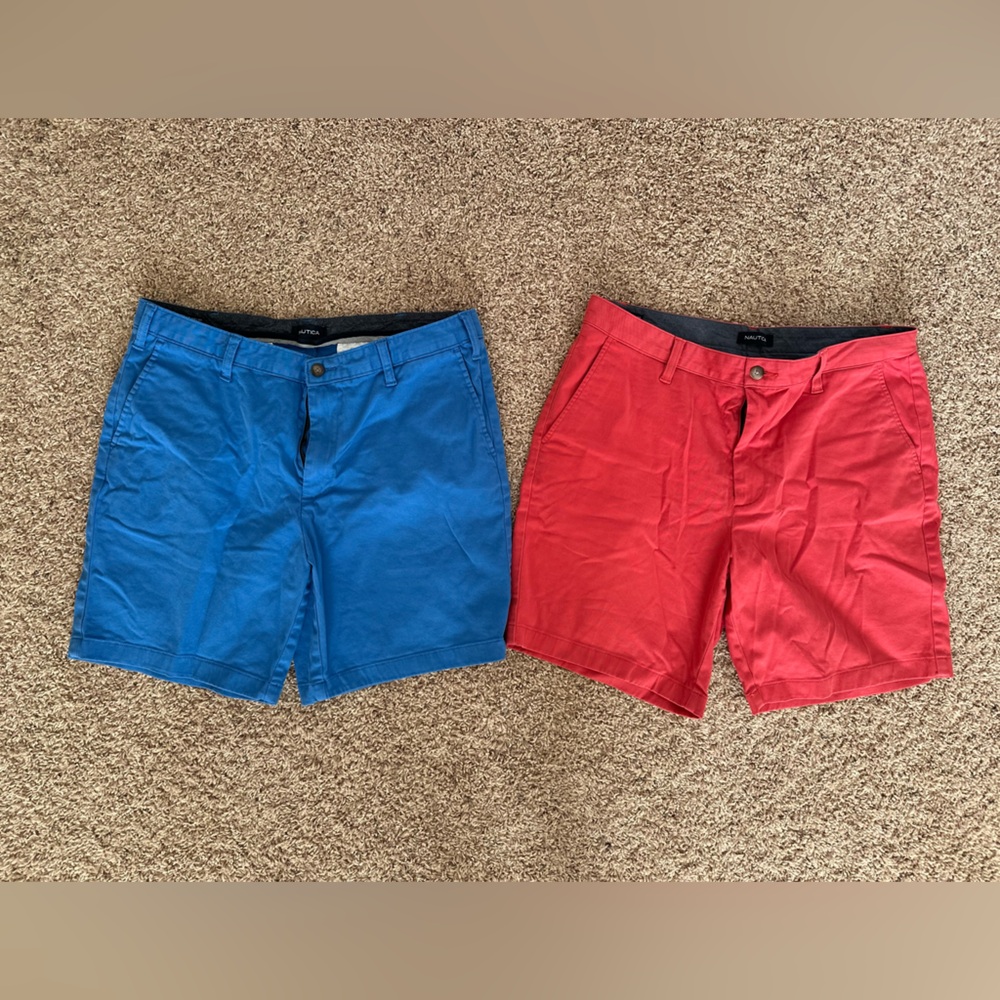 Nautica Men's Flat Front Shorts in Blue and Red.